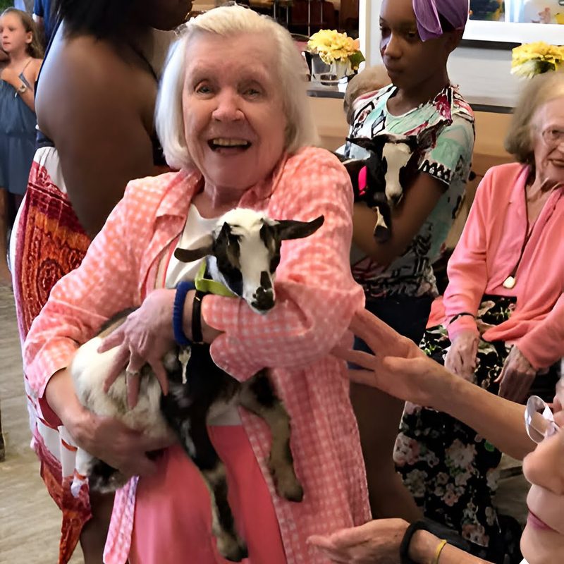 A retirement community resident smiling with a baby goat