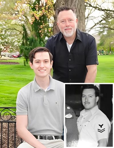 Ethan and Dennis Jordan, with a historical U.S. Navy photo from the family's service
